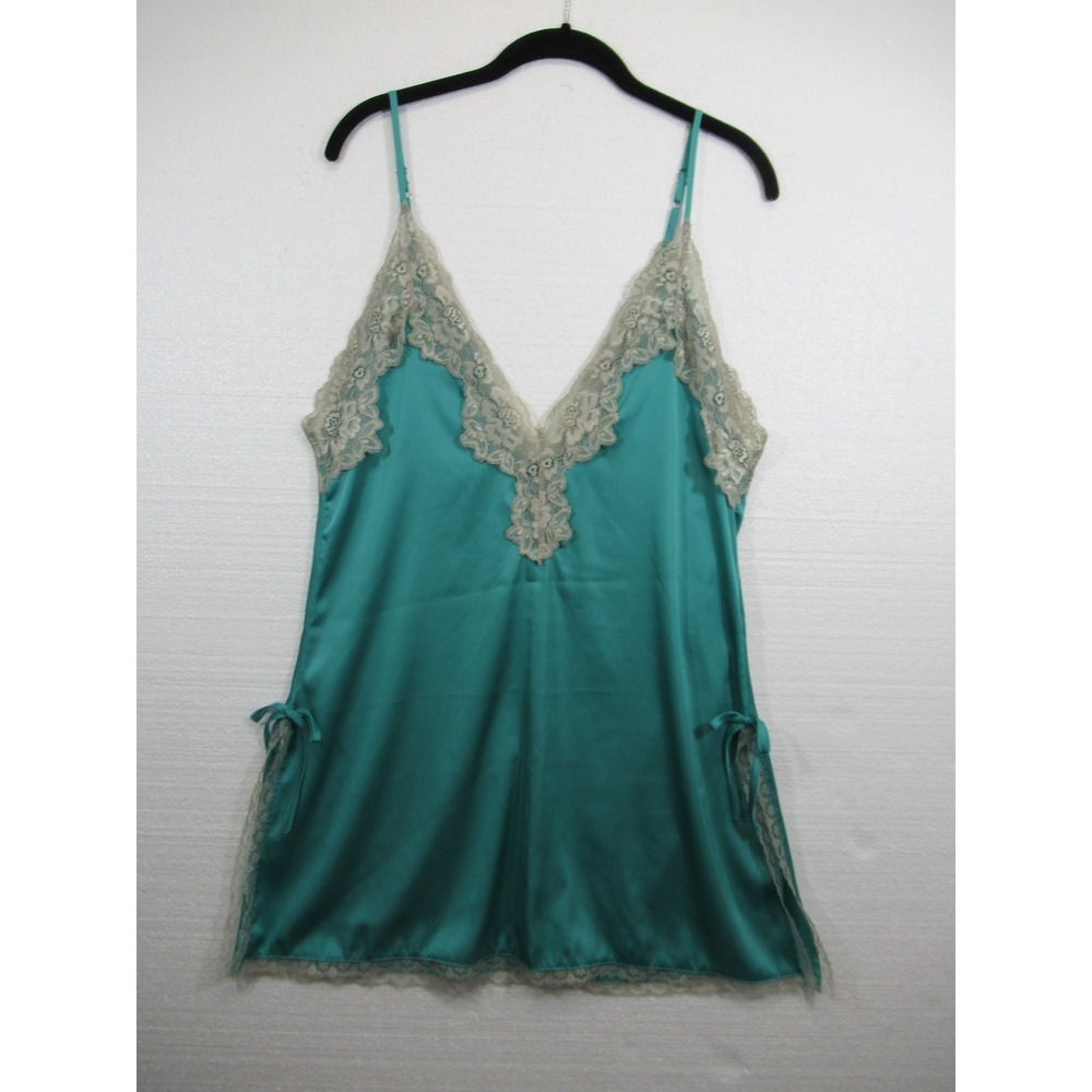 Shirley of Hollywood Satin & Lace Slip Chemise Women Large Blue Side Tie